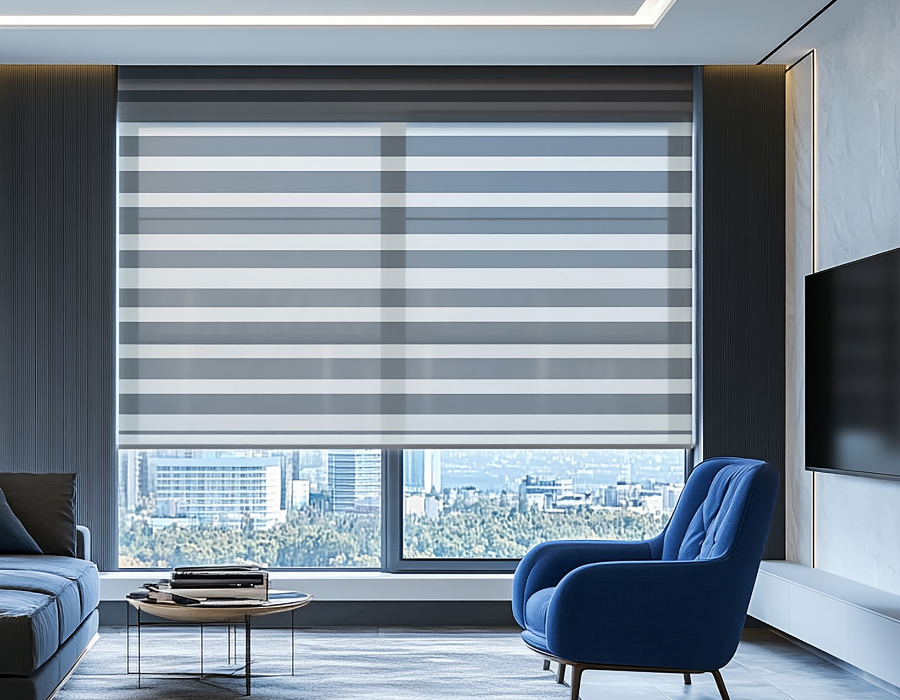 Modern living room featuring motorized zebra shades on large windows