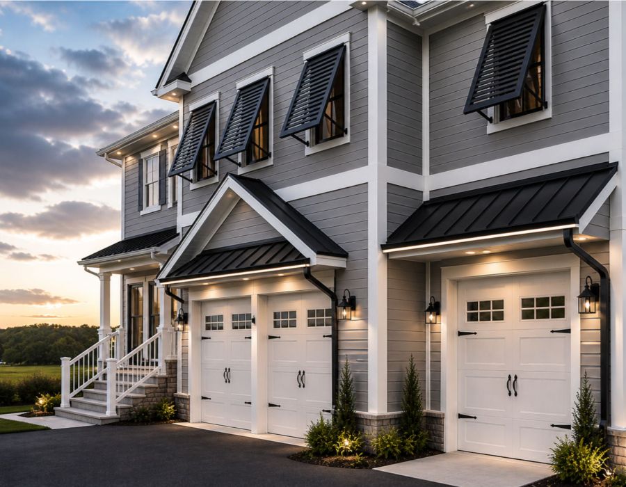 Coastal style home with black exterior shutters and awnings installed