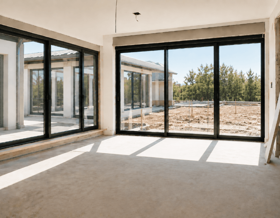 Large modern home interior with newly installed custom window coverings