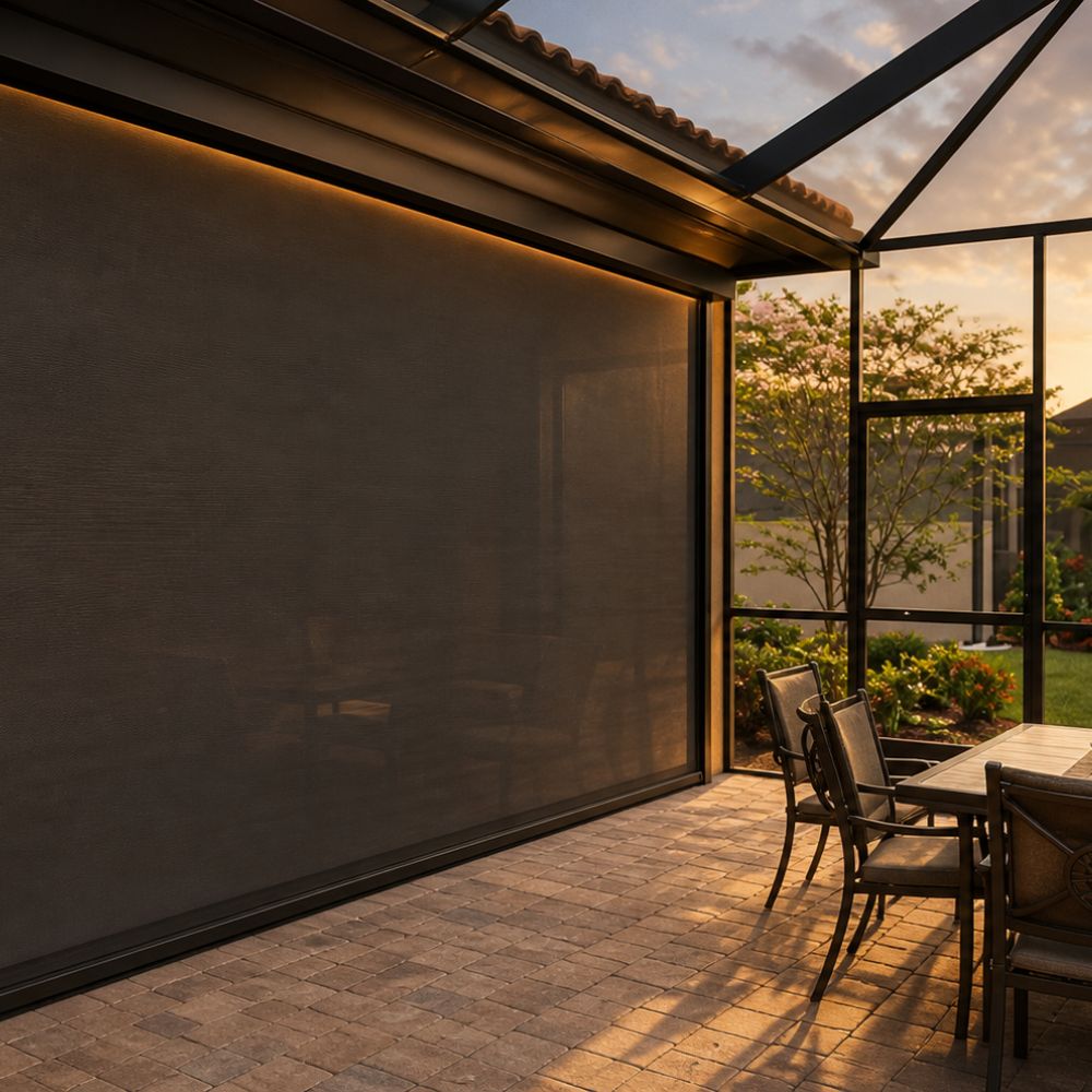 Outdoor exterior shades installed on a covered patio for sun protection and airflow