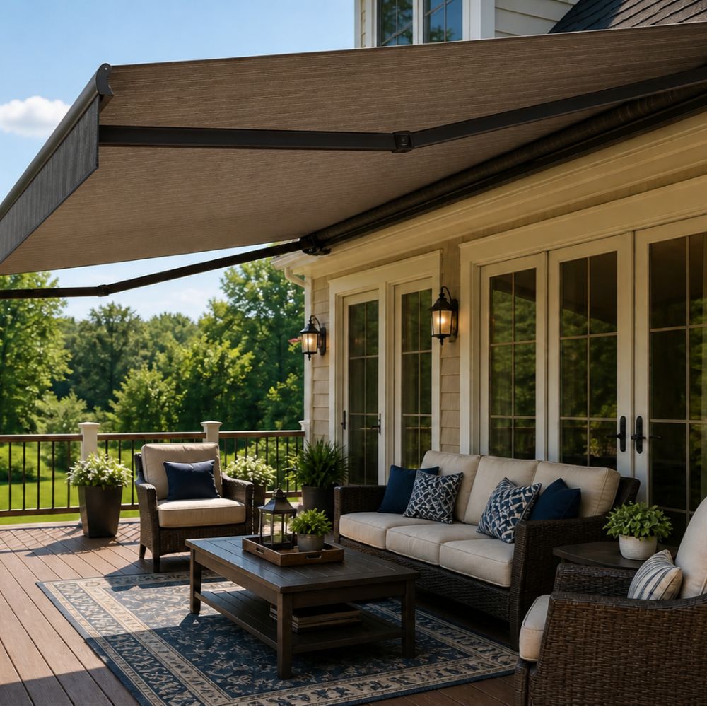 Motorized retractable awning extended over an outdoor patio seating area in Moyock, NC
