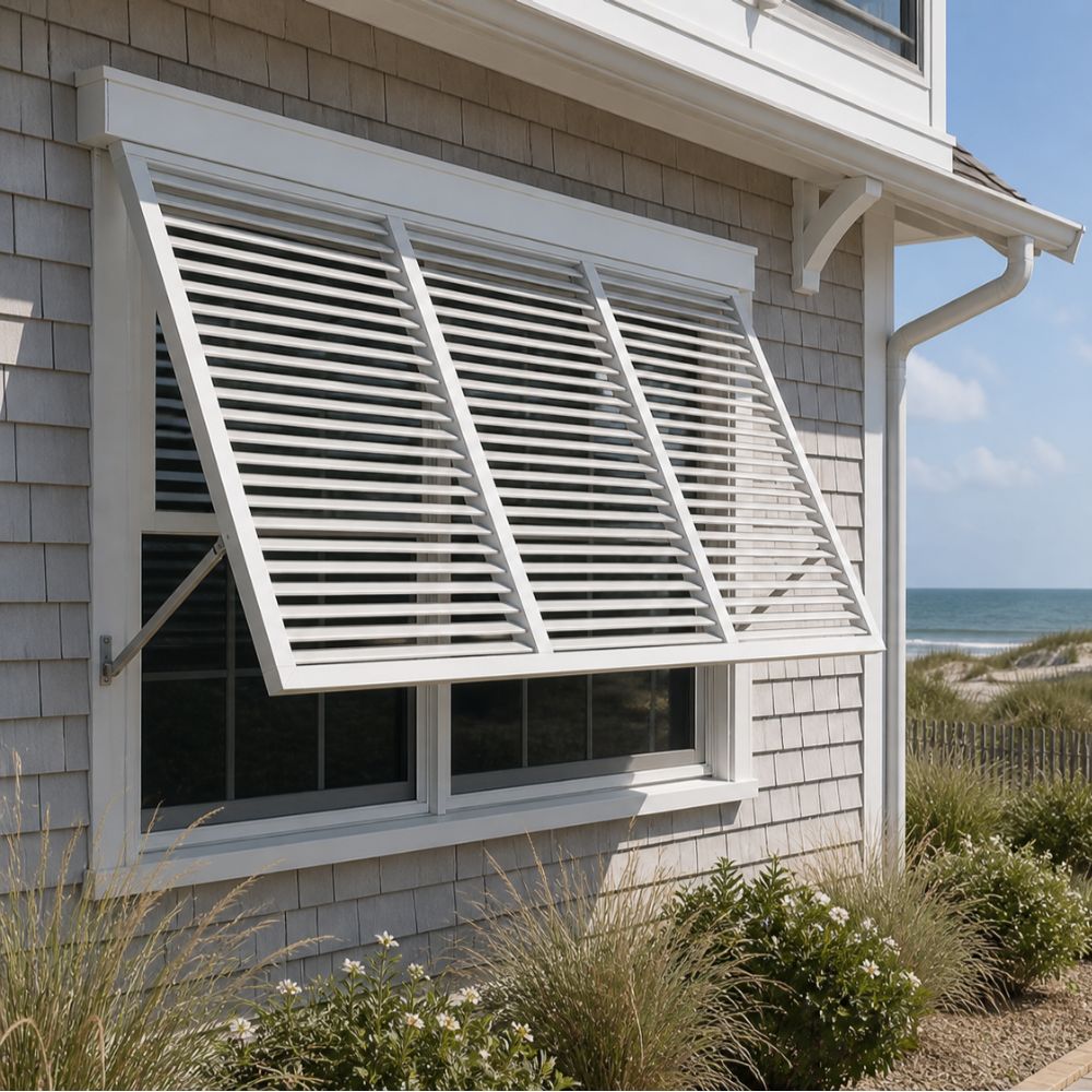 White Bahama shutters installed on a coastal home window for shade and storm protection in Moyock, NC