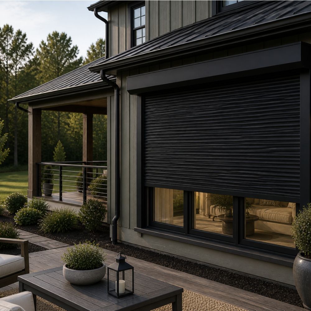 Black hurricane rolling shutters covering exterior windows on a modern home in Moyock, NC